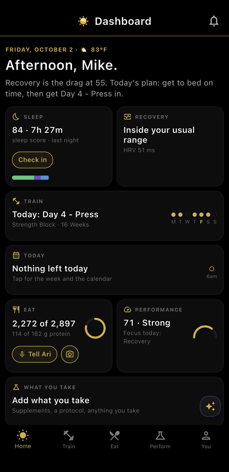 The Sanctify dashboard: sleep, recovery, today's training, food and performance on one screen