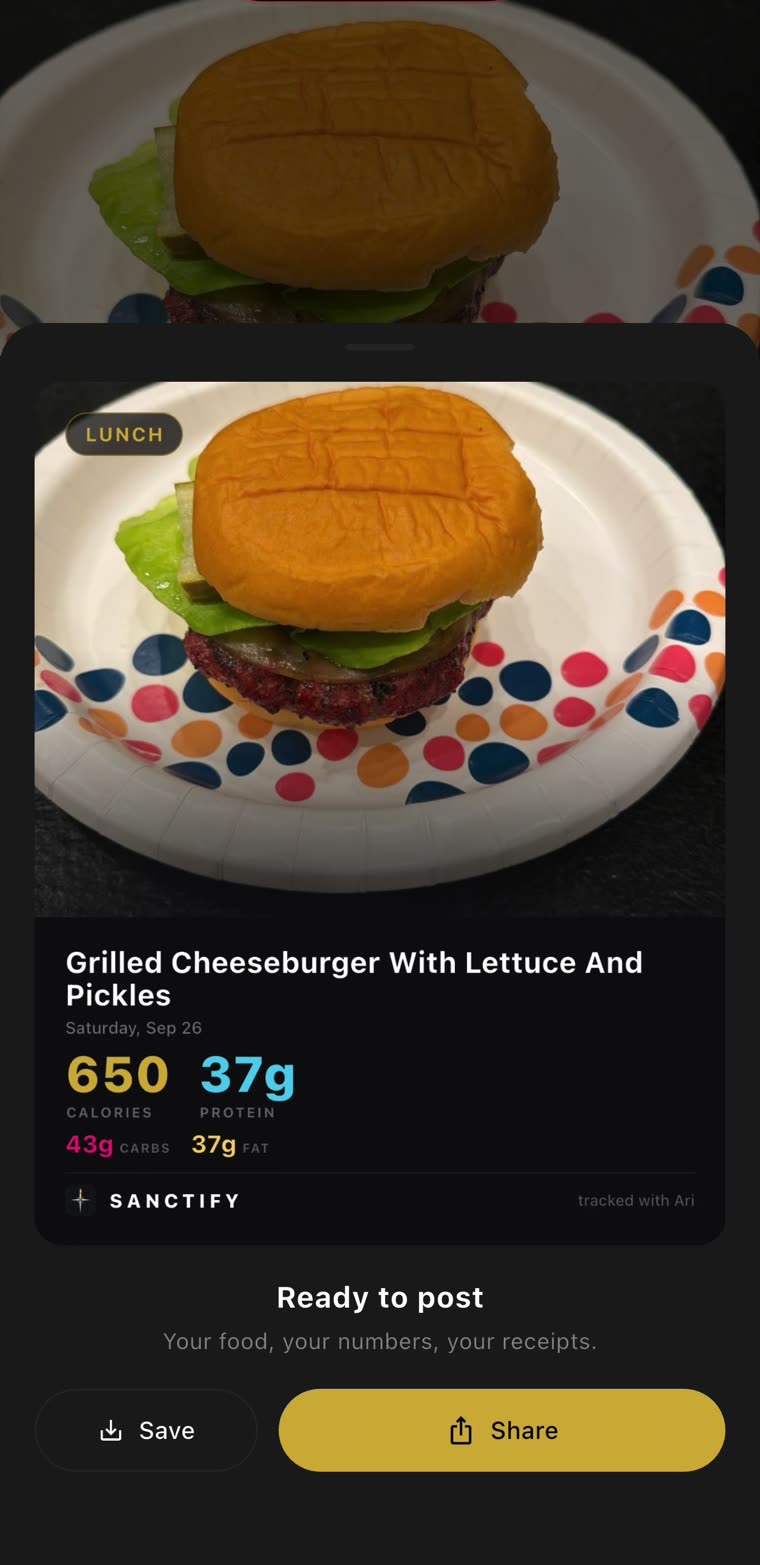 A share card for a logged cheeseburger: 650 calories, 37 g protein, ready to post