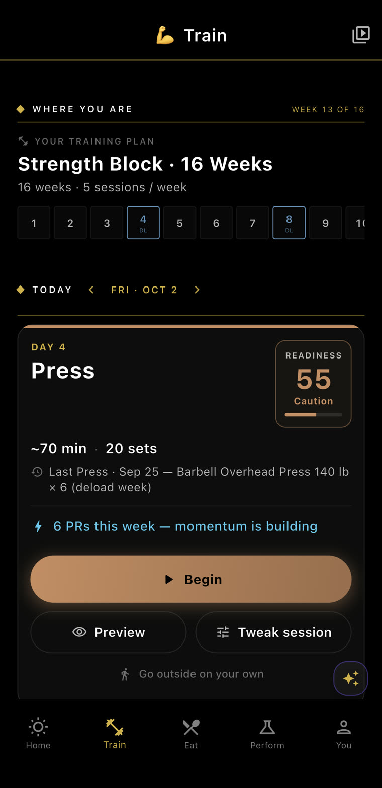 Train: Strength Block, today's Day 4 Press, readiness 55